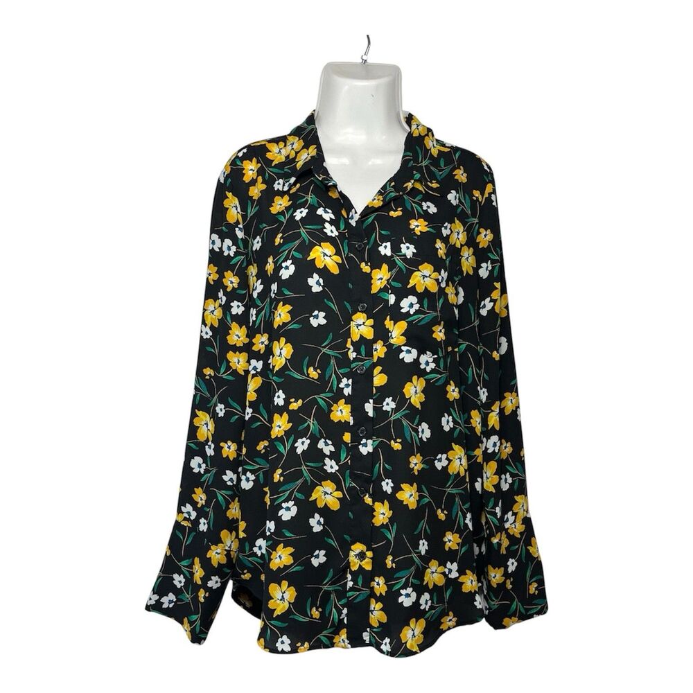 Who What Wear Blouse XL Black Yellow Floral Button Up Sheer Long Sleeve Career
